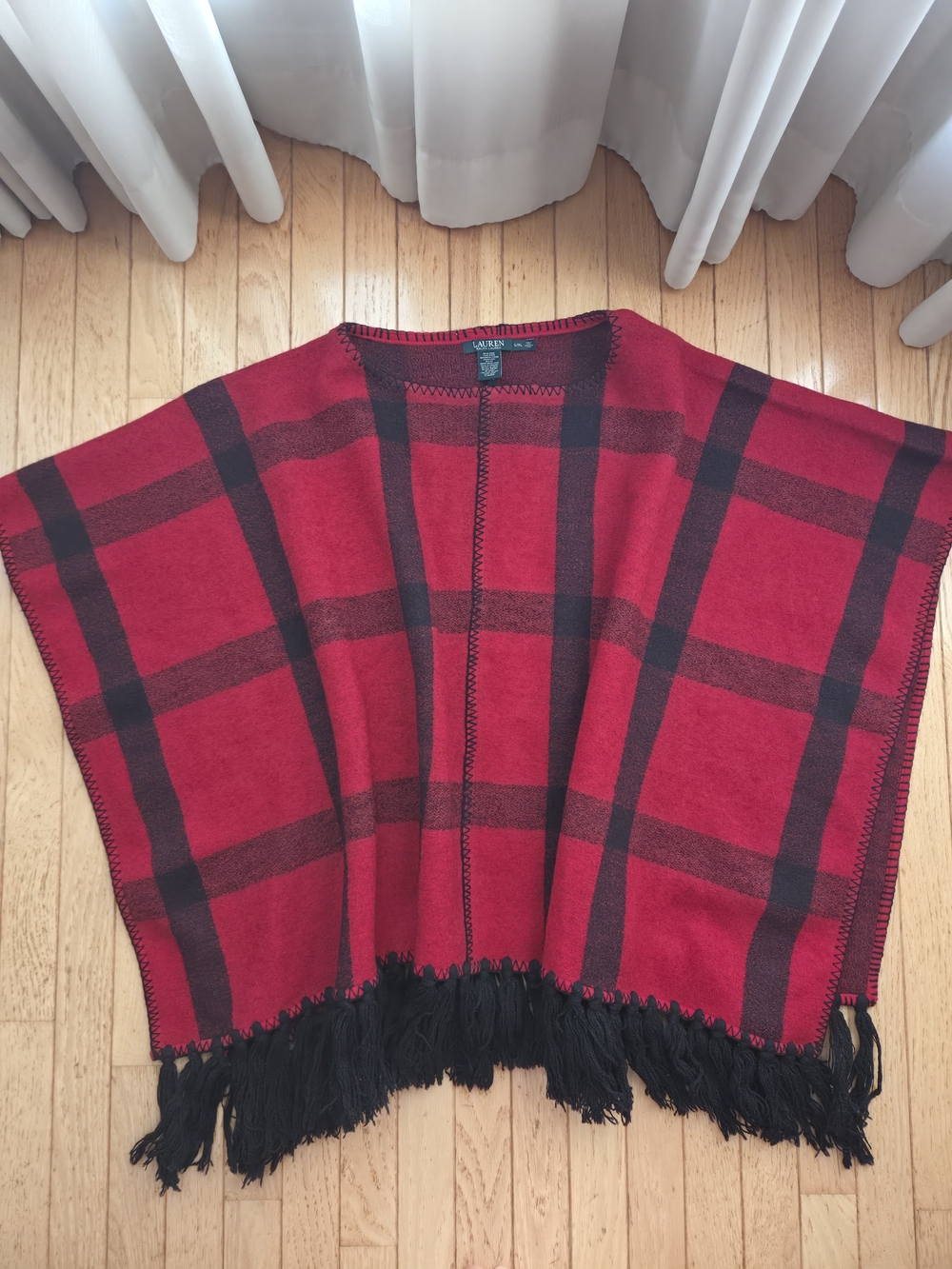Lauren Ralph Lauren Red and Black Plaid Fringe Poncho